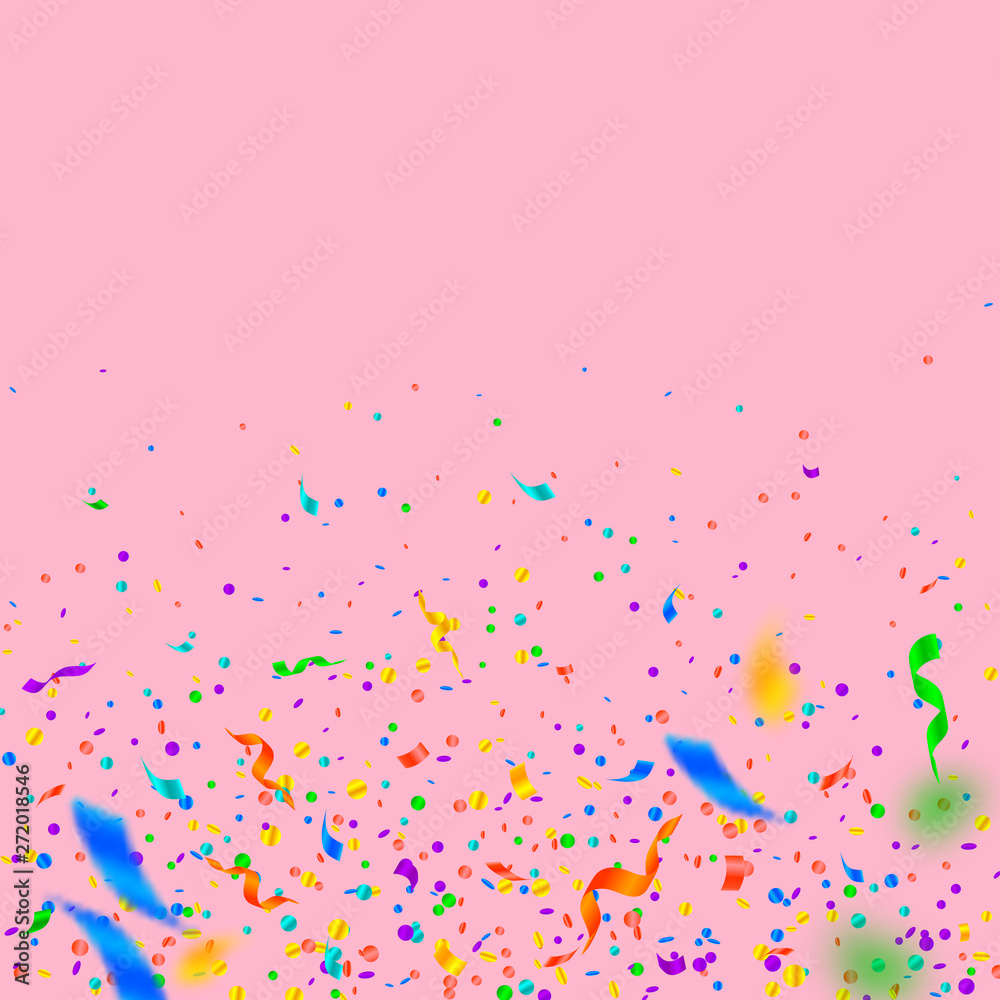 Streamers and confetti. Colorful tinsel and foil ribbons. Confetti gradient on pink background. 