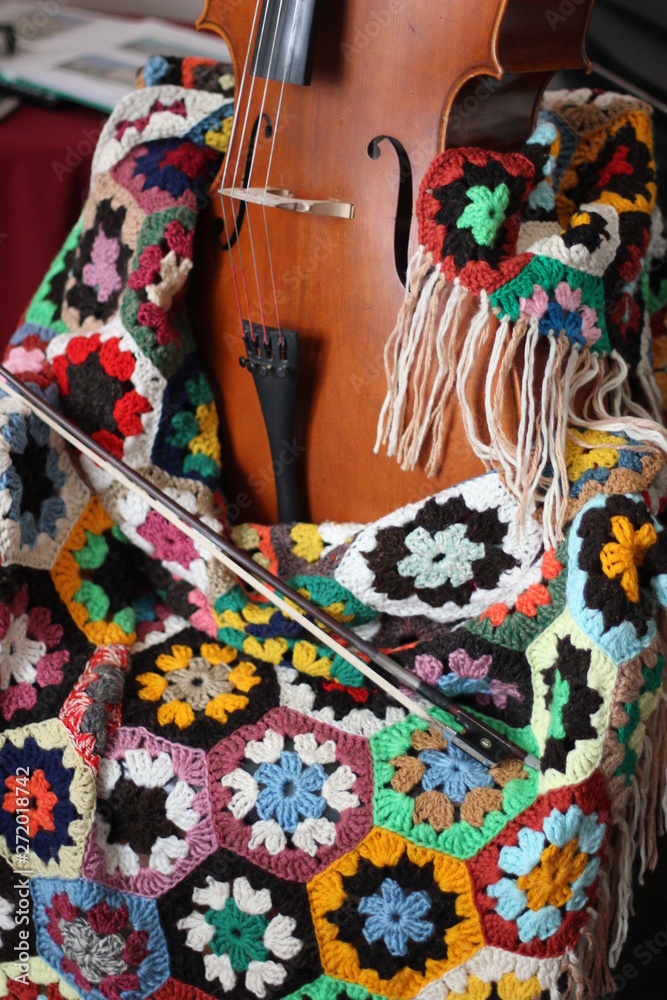 cello and colorful shawl, color photography