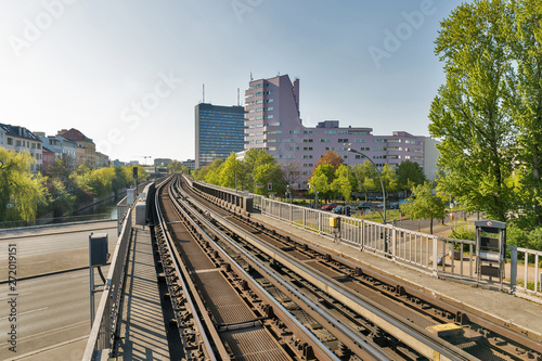 Cityscape with U-Bahn railway in Berlin, Germany.