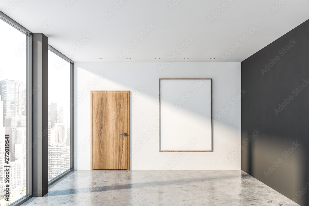 Obraz premium Empty white and gray loft room, door and poster