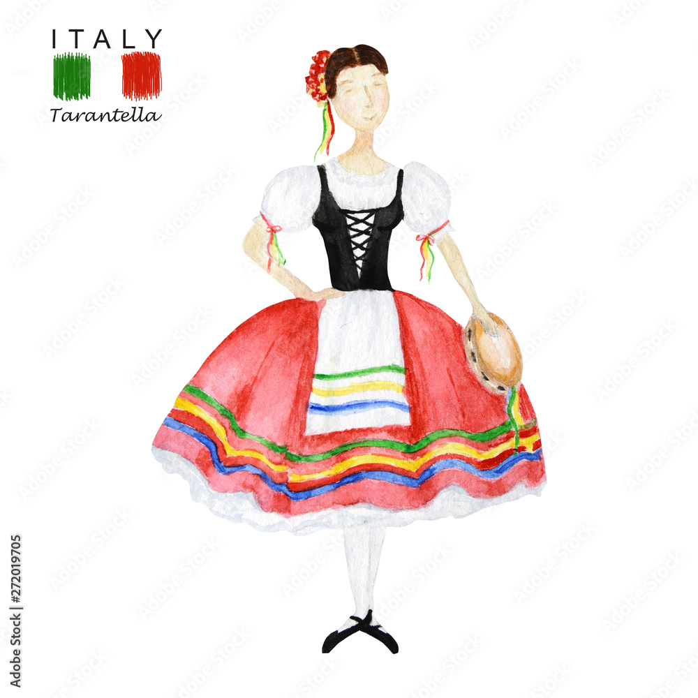 national costume dancing an Italian tarantella with a tambourine on white  background. Woman dancer in folk costume Italy Stock Illustration | Adobe  Stock