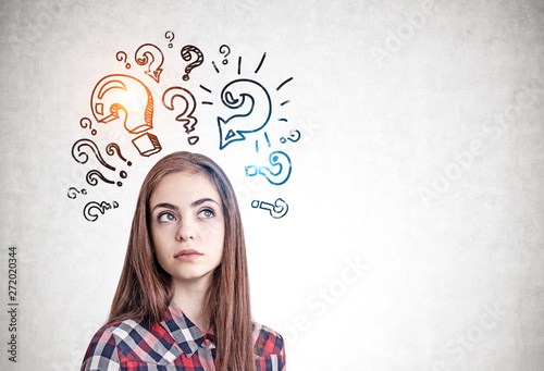 Thinking casual woman, question marks