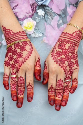 Boat trip on the Sarawak river, henna hands of a bride photo