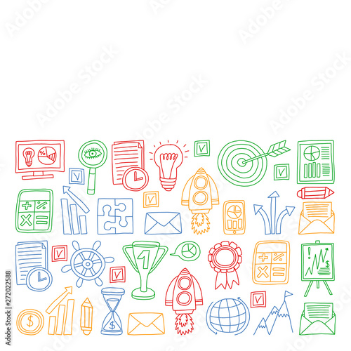 Vector set of bussines icons in doodle style. colorful pictures on a piece of paper on white background.