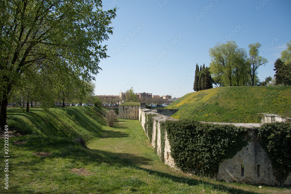 Moat and fortress wall in Verona,march, 2019
