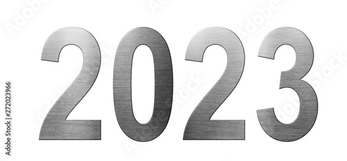 Metal font 2023 year isolated on white background. Numbers and symbols. Textured materials.
