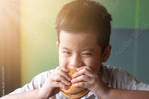 Portrait asian boy s eating a hamburger.  Health concept.