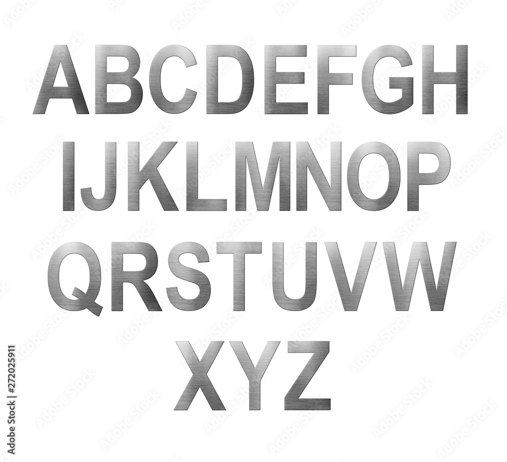 Metal font english alphabet. Letter from A to Z from a metal plate isolated on a white background.