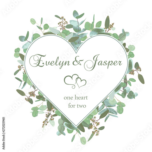 Vector wedding invitation flyer. Square valentine heart frame with set branches and leaves eucalyptus gunnii, silver dollar, leucoxylon greenery. Сard design, editable