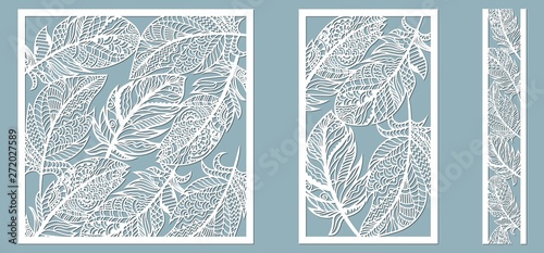 Pattern frame with feathers. Line, rectangle, square as a pattern of feathers. Template for laser, plotter cutting.