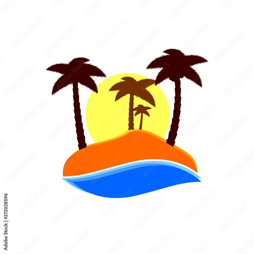 Island icon, palm trees with sun, flat design template, vector illustration