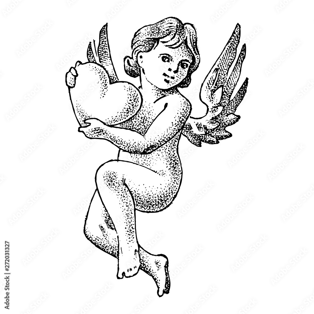 Cute angel with hearts. Small aesthetic Cupid with wings fly in the sky
