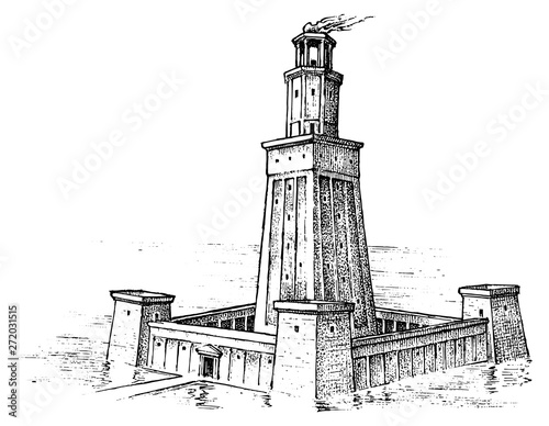 Seven Wonders of the Ancient World. Lighthouse of Alexandria. The great construction of the Greeks. Hand drawn engraved vintage sketch.