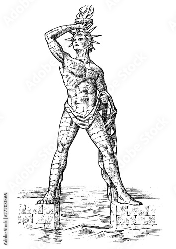 Fototapeta Naklejka Na Ścianę i Meble -  Seven Wonders of the Ancient World. Colossus of Rhodes. The great construction of the Greeks. Hand drawn engraved vintage sketch.