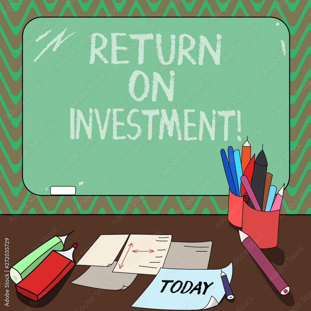 Conceptual hand writing showing Return On Investment. Business photo showcasing measures the gain or loss generated on an investment Mounted Blackboard with Chalk Writing Tools Sheets on Desk Conceptual hand writing showing Return On Investment. Business photo showcasing measures the gain or loss generated on an investment Mounted Blackboard with Chalk Writing Tools Sheets on Desk