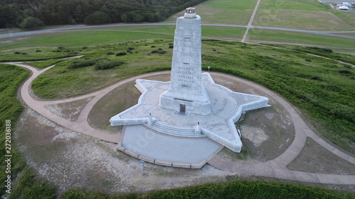 Overhead Drone View Wright Brothers Monument at Sunset Kill Devil Hills
