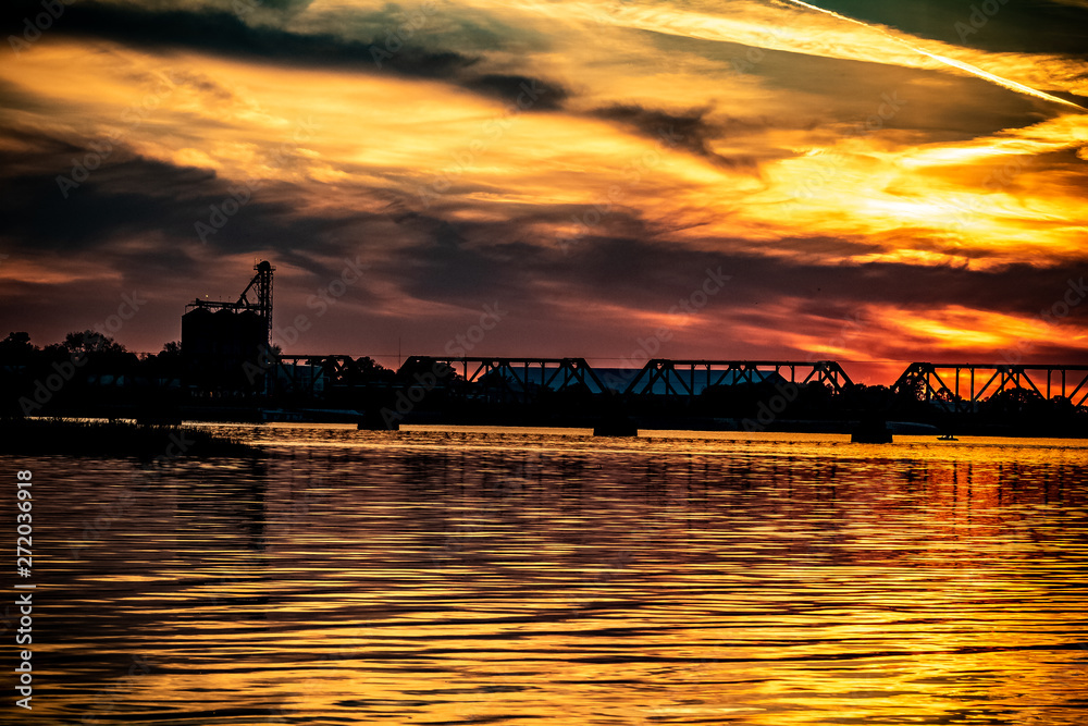 Sunset behind a Railroad Bridge on the Tennessee River in Decatur Alabama