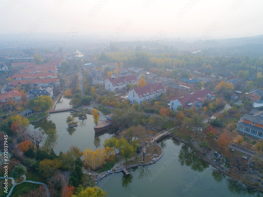Aerial view of expensive villas in countryside, suburb of Beijing, Chanping, China