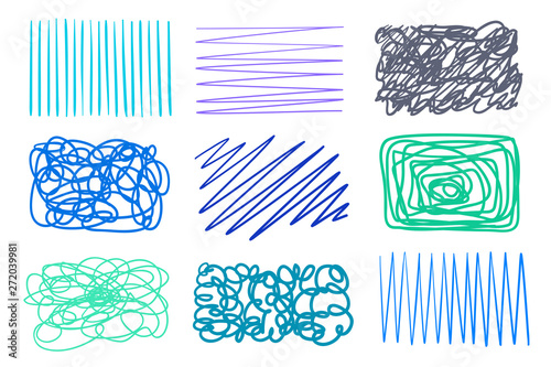 Backgrounds with array of lines. Intricate chaotic textures on white. Wavy backdrops. Hand drawn tangled patterns. Colorful illustration. Sketchy elements for design