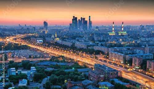 Panorama of Moscow at sunset taken from the roof of the building