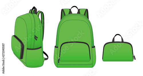 green foldable backpack with front zippered pocket and side pockets, outdoor folding storage package, vector illustration sketch template