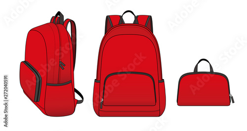 red foldable backpack with front zippered pocket and side pockets, outdoor folding storage package, vector illustration sketch template