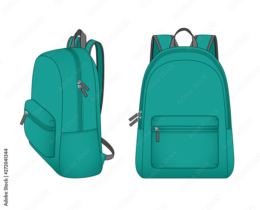 Cyan foldable backpack with front zippered pocket, outdoor folding storage package, travel bag, sports gym bag, sketch isolated on background Stock Vector | Adobe Stock