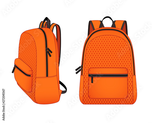 Orange backpack with mesh fabric textile texture and front zippered pocket, outdoor folding storage package, travel bag, sport gym bag, sketch template isolated on white background