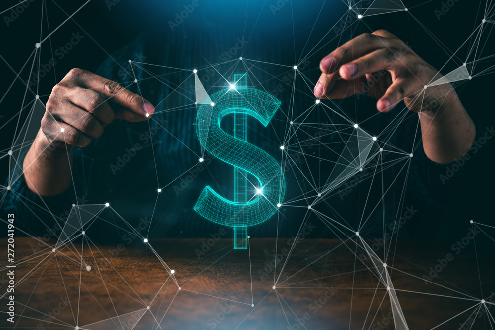 Fototapeta premium business man hand show something us dollar virtual sign dark blackground creativity ideas concept