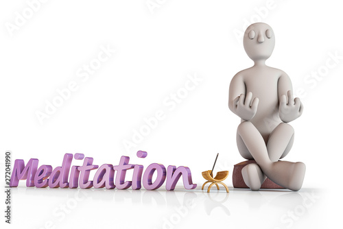 Meditation position - 3D generic character practicing meditation on Zafu cushion with incense and the word meditation next to it - 3D illustration photo