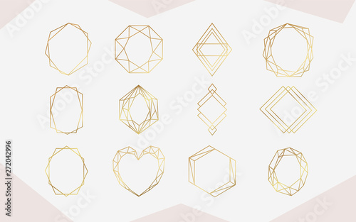 Luxury gold geometric frame collection.  Geometrical polyhedron design for wedding card, invitations, logo, book cover, art decoration, and poster	