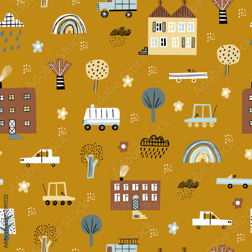 Baby seamless pattern with old and modern buildings, transport, abstract shapes and textures. Perfect for kids fabric, textile, nursery wallpaper. Seamless city landscape. Vector Illustration
