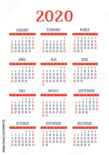 Calendar 2020 year. Vector design template. English vertical pocket calender. Week starts on Sunday