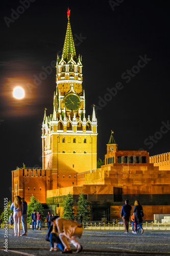 Mosocw, Russia - May, 20, 2019: Red Square and Moscow Kremlin at moon night photo