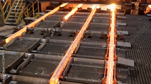 Steel billets continuous casting at a metallurgical plant.