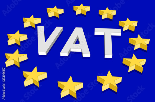 Isometric European Union flag with 3d stars in perspective and the value added tax acronym VAT.