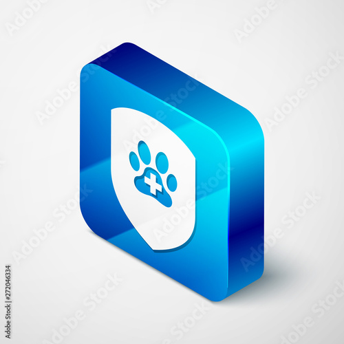 Isometric Animal health insurance icon isolated on white background. Pet protection icon. Dog or cat paw print. Blue square button. Vector Illustration