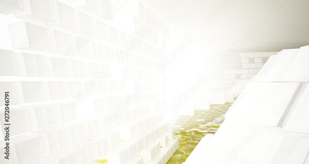 Abstract white and yellow water parametric interior with window. 3D illustration and rendering. Abstract white and yellow water parametric interior with window. 3D illustration and rendering.