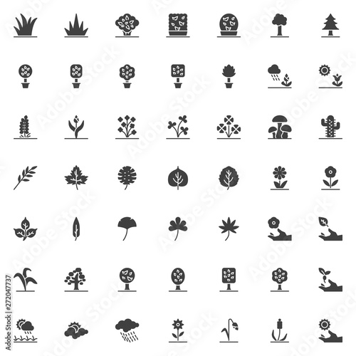Nature plants vector icons set, modern solid symbol collection, Gardening filled style pictogram pack. Signs, logo illustration. Set includes icons as potted flowers, exotic tropical tree leaves, sun