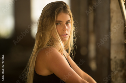 Model Fitness blonde shows off her beauty in a centennial factory off in the city of Rio Grande, Brazil.