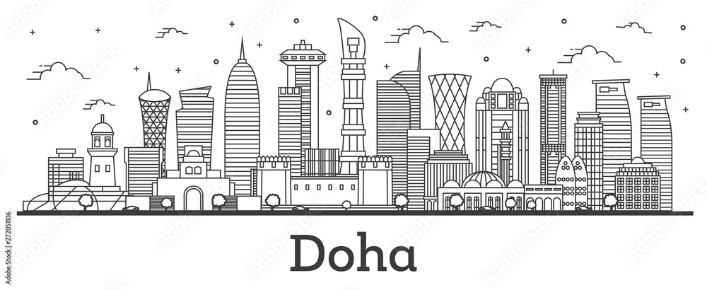Outline Doha Qatar City Skyline with Modern Buildings Isolated on White.
