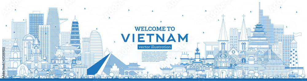 Fototapeta premium Outline Welcome to Vietnam Skyline with Blue Buildings.