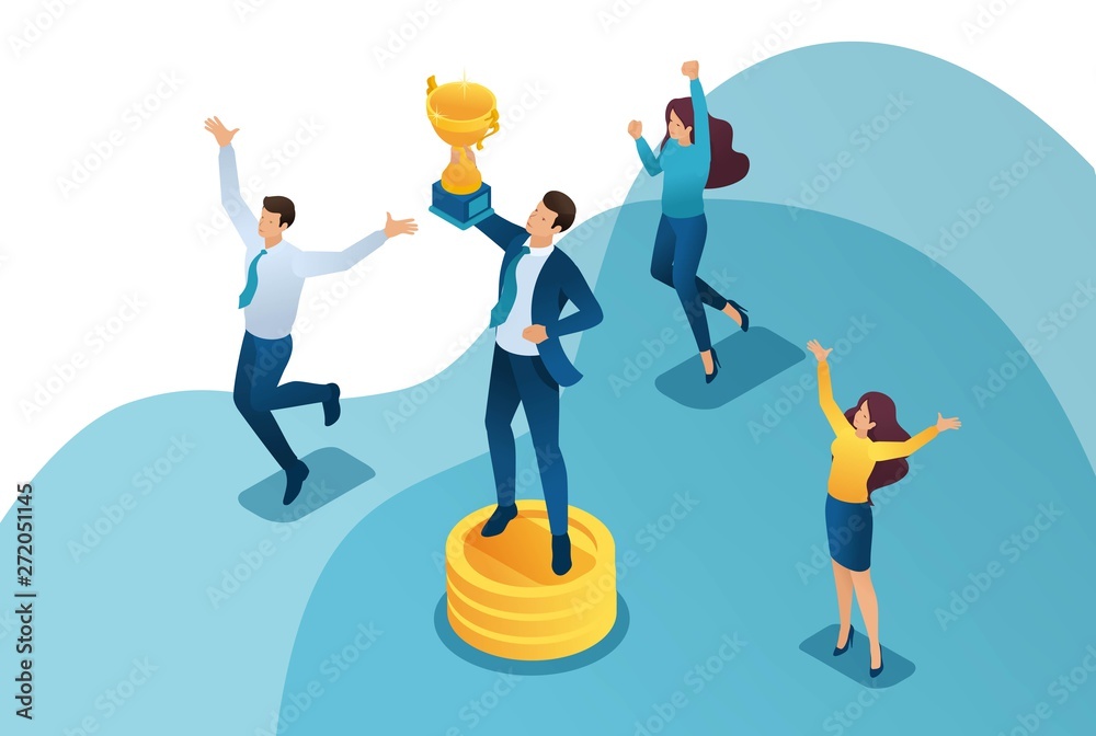 Isometric the team has achieved success, the businessman jumps with a Cup in hand. Concept for web design Isometric the team has achieved success, the businessman jumps with a Cup in hand. Concept for web design