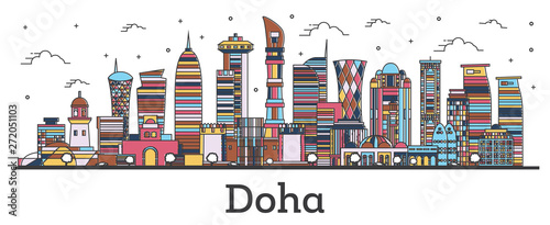 Outline Doha Qatar City Skyline with Color Buildings Isolated on White.