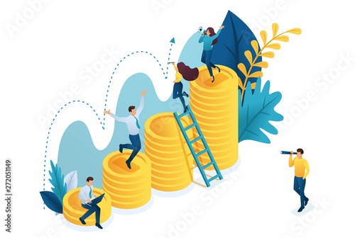 Isometric the successful growth of investment, young entrepreneurs are exploring the indicators. Concept for web design