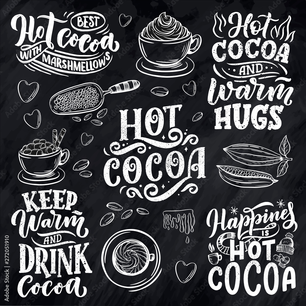 Hot cocoa hand lettering set with cup of cocoa, marshmallows. Hand drawn Christmas signs for cafe, bar and restaurant