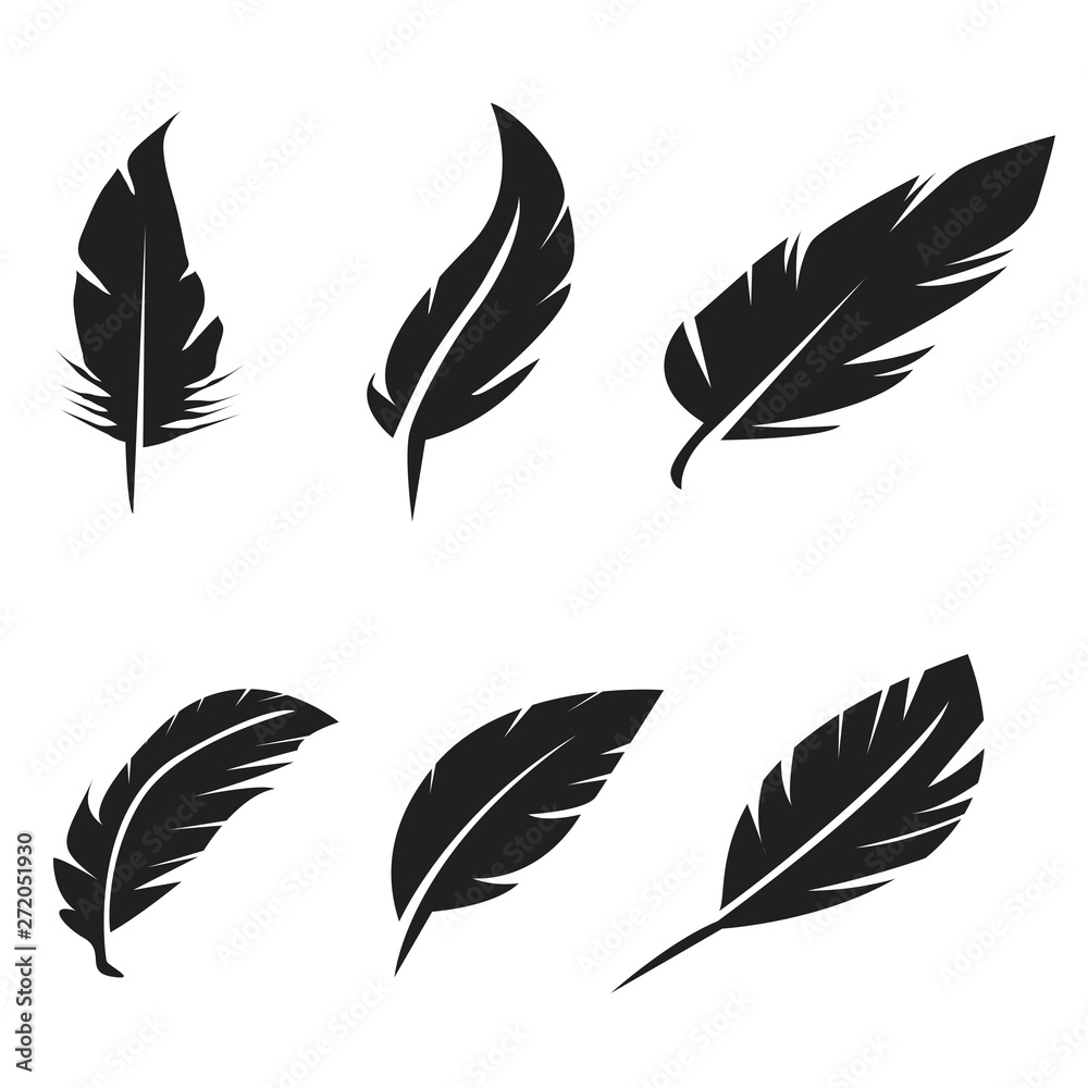 black feather icons set on white background black feather icons set on white background