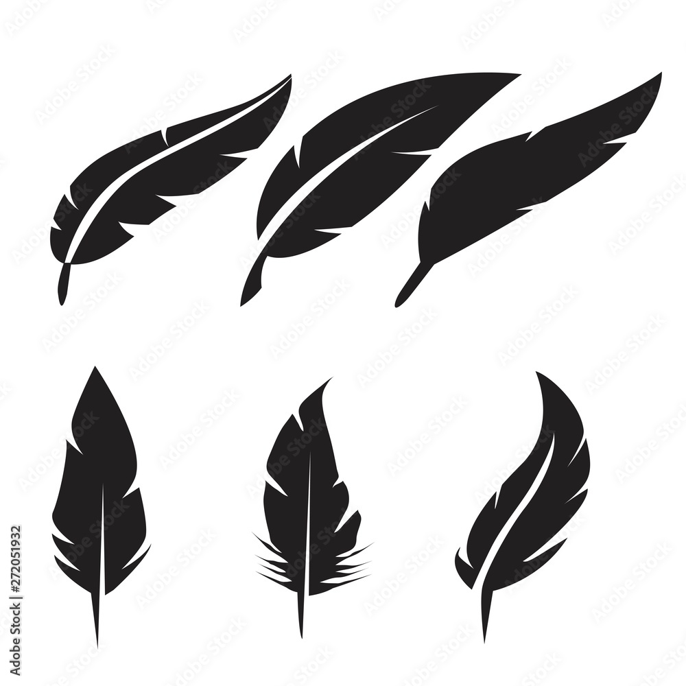 black feather icons set on white background black feather icons set on white background