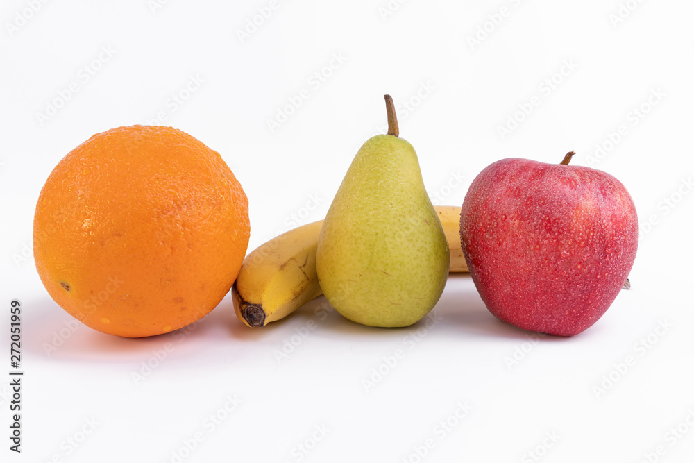 beautiful composition: apple, pear, orange and banana on White background beautiful composition: apple, pear, orange and banana on White background