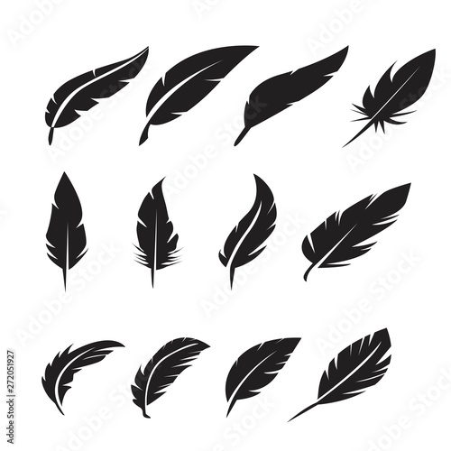 black feather icons set on white background